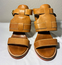 Fossil Women  s Tan Leather Strappy Ankle Strap Buckle Block Heel Sandals 5.5