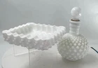 Vintage 2 Pc Set Fenton Hobnail Milk Glass Perfume Bottle & Square Trinket White