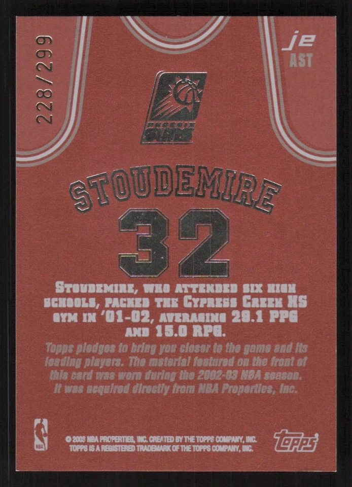 2002-03 Topps Jersey Edition Amare Stoudemire Copper #/299 MEM #JEAST Relic - Image 2 of 2