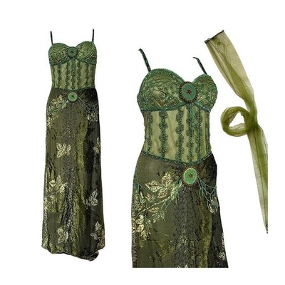 green emerald velvet dress (L) 90s/Y2K Slinky Green Drop Waist Midi Dress