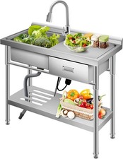 Stainless Steel Utility Kitchen Sink 39" x 14" x 33" Single Bowl w/ Right Drawer