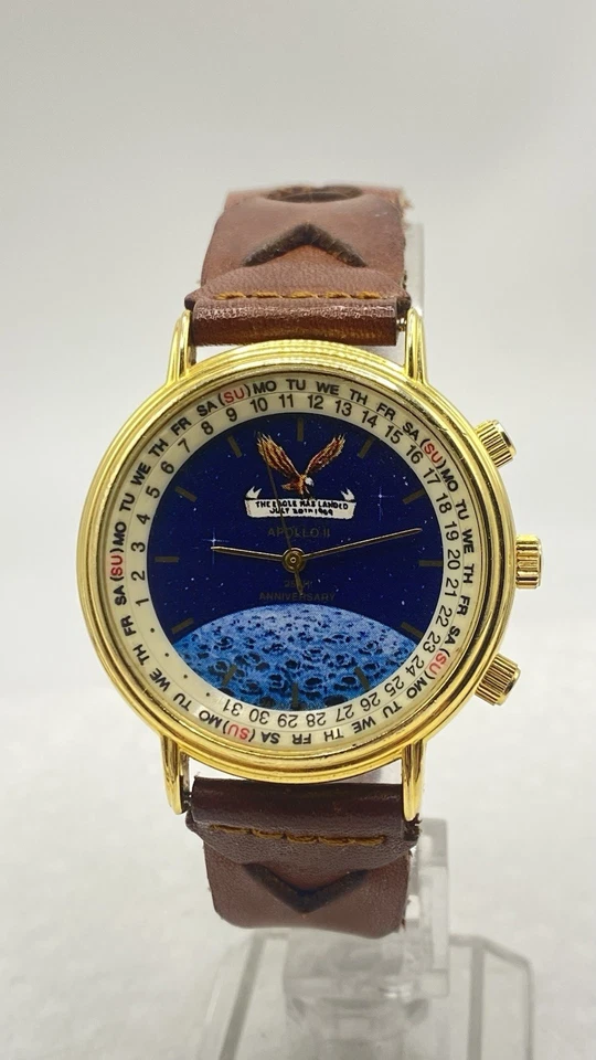 Reloj Apollo ll Hombre 25th Ann Dorado Acero Inoxidable Cuero Marrón WR Día Fecha Funciona Foto 3 de 4