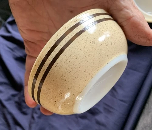 Vintage Pyrex Small 5in Dip Bowl Stack N Snack Brown Speckled Lines 708-4 AB USA