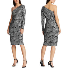 Lauren Ralph Lauren One Shoulder Lace Evening Dress Women's 12 Black Silver NWT