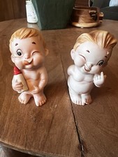2 Vintage Lefton Baby Kewpie Figurine with Bottle Sticking Tongue Winking 4"