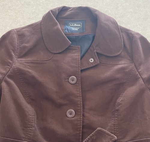 LL BEAN Jacket Belted Button Up Coat Hip Length Brown Women’s Medium Petite - Picture 5 of 12