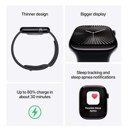 Apple Watch Series 10 46mm GPS Jet Black Case w Black Sport Band S/M MWWP3LW/A - Photo 6 sur 6