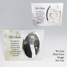 His & Her Smile Personalised Glass Photo Frame & Verse Memorial Plaque & Stand