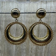 LARGE VTG Gold Tone Dangle Hoop Clip On Earrings Door Knocker 80s Estate 3.5"