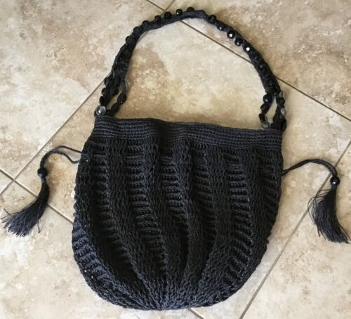 cappelli purses straw drawstring bag with huge beads on strap Black - Picture 2 of 6