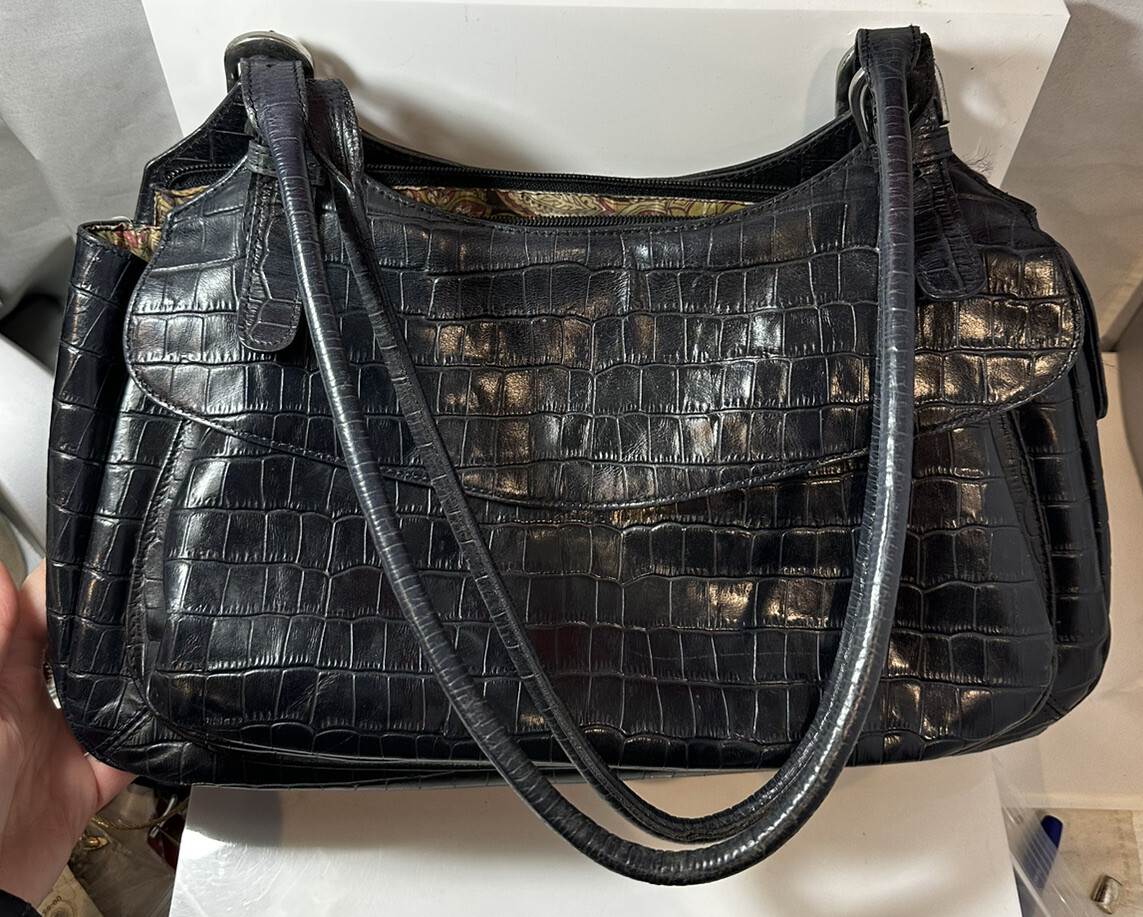 Maxx New York Black Croc Embossed Leather Double Strap Shoulder 