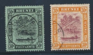 Brunei 35, 56 1921 50c, 1931 30c River Scene used
