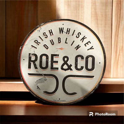 RARE Roe & Co Irish Dublin Whiskey Tin Metal Bar Sign Mancave 15.5  Round