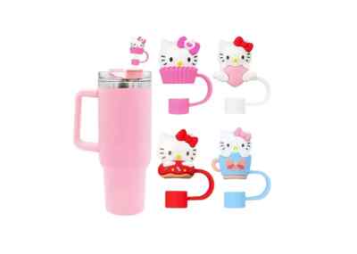 4pcs 3D Hello Kitty Silicone Straw Toppers Reusable, Dustproof Covers
