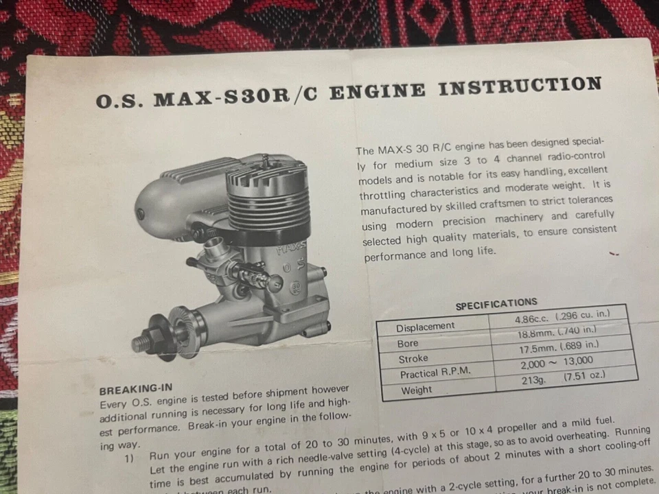 O.S. MAX S30R R/C Vintage Engine Instruction Sheet Manual English ST7 - Image 2 of 3