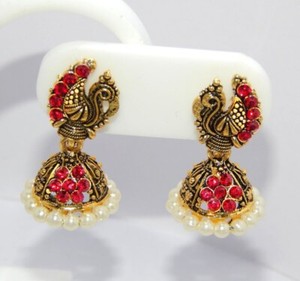 Authentic Tibetan Peacock Jumki Garnet Gemstone Gold Plated Nepali Handmade Earrings