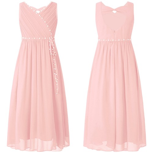 Kids Girls Sundress Sleeveless Ball Gown Wedding Dress V Neck Flower Girl Bow - Picture 24 of 123
