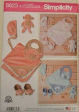 Simplicity- 8623 - Baby Accessories: Hat, Blanket, Bib, Booties and Plush Toy