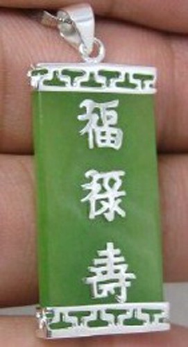 Natural Light Green Jade 18KWGP Fortune Longevity Happiness Pendant & Necklace - Picture 3 of 4