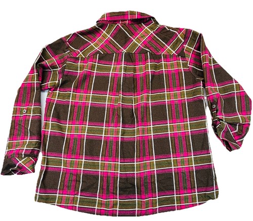 Umgee Top Womens Medium Pink Brown Plaid Button Up Boho Long Sleeve Exposed Seam - Picture 2 of 10