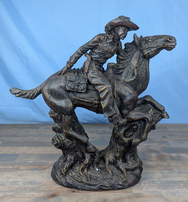 Vintage Cowboy Riding on Horse Sculpture Western Art Decor Bronze Look Resin