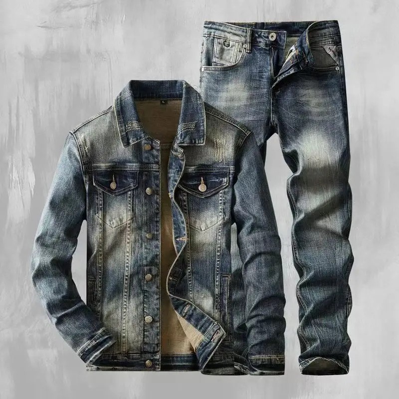 Luxury Men Denim Trendy Two-Piece Set Retro Jeans Washed Casual Jacket Coat