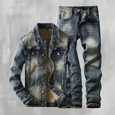 Giacca cappotto uomo lusso denim trendy set due pezzi jeans retrò lavati casual