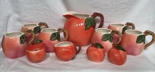 Vintage Georgia Peach Motif Pitcher and 6 Mug Cups, Sugar & Creamer, S&P Shakers