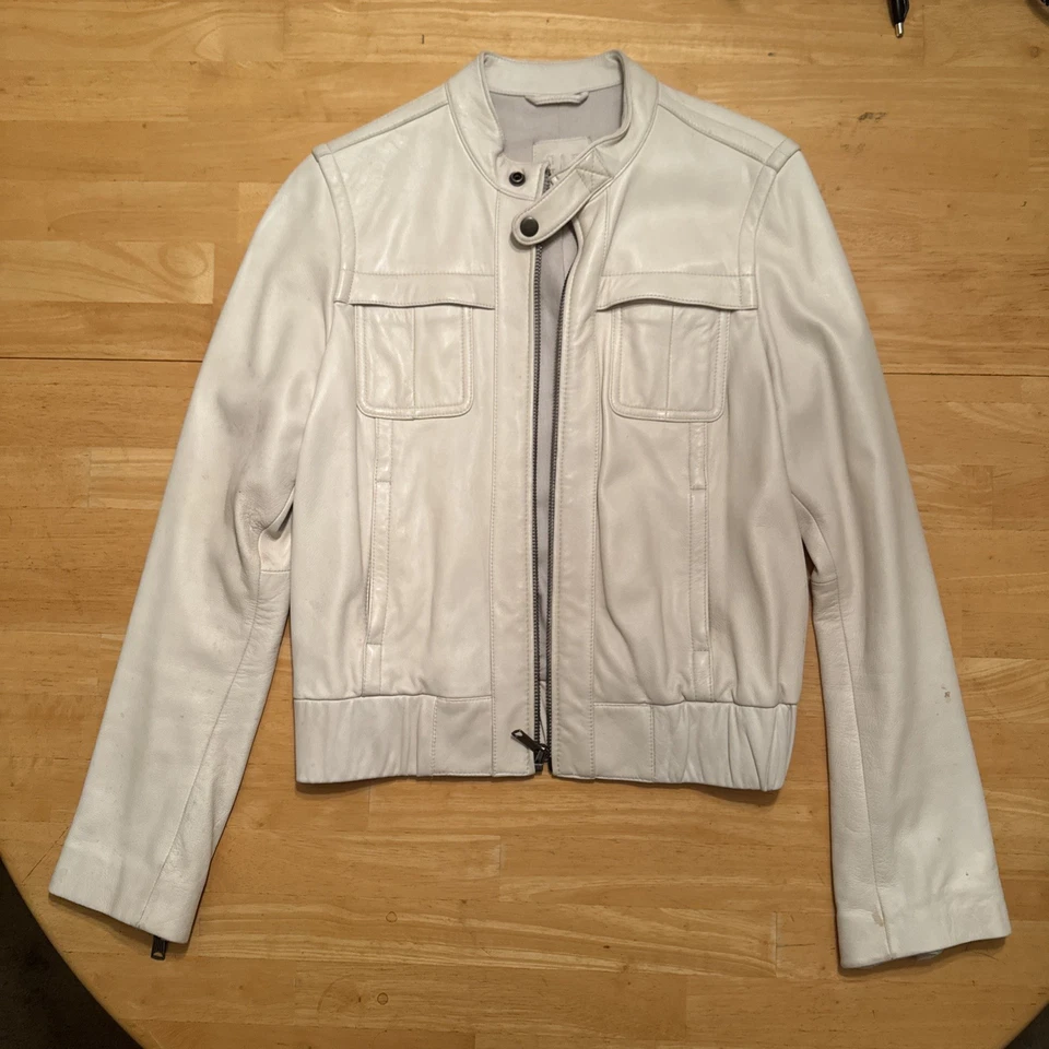 GAP Early 2000’s Women's Bomber Jacket 100% Leather White Ivory: size M - Image 2 of 4