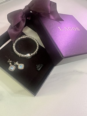 New LAGOS Caviar Sterling Silver & 18K Gold Topaz Bracelet 9mm & Earrings Set