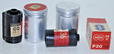 Adox Film Cartridges and aluminum cans and box w/ Leica ad