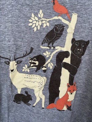 50/25/25 Large Heathered Grey Tee Shirt Fun Bear Wildlife Scene Cardinal Fox