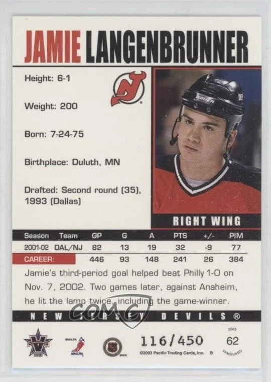 2002-03 Pacific Vanguard Limited /450 Jamie Langenbrunner #62 - Image 2 of 2