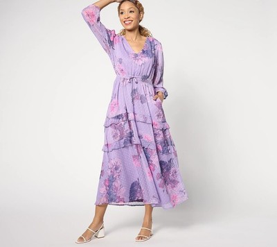 Destination 365 Petite Floral Clip Dot Chiffon Maxi Dress Purple Rose XXS New