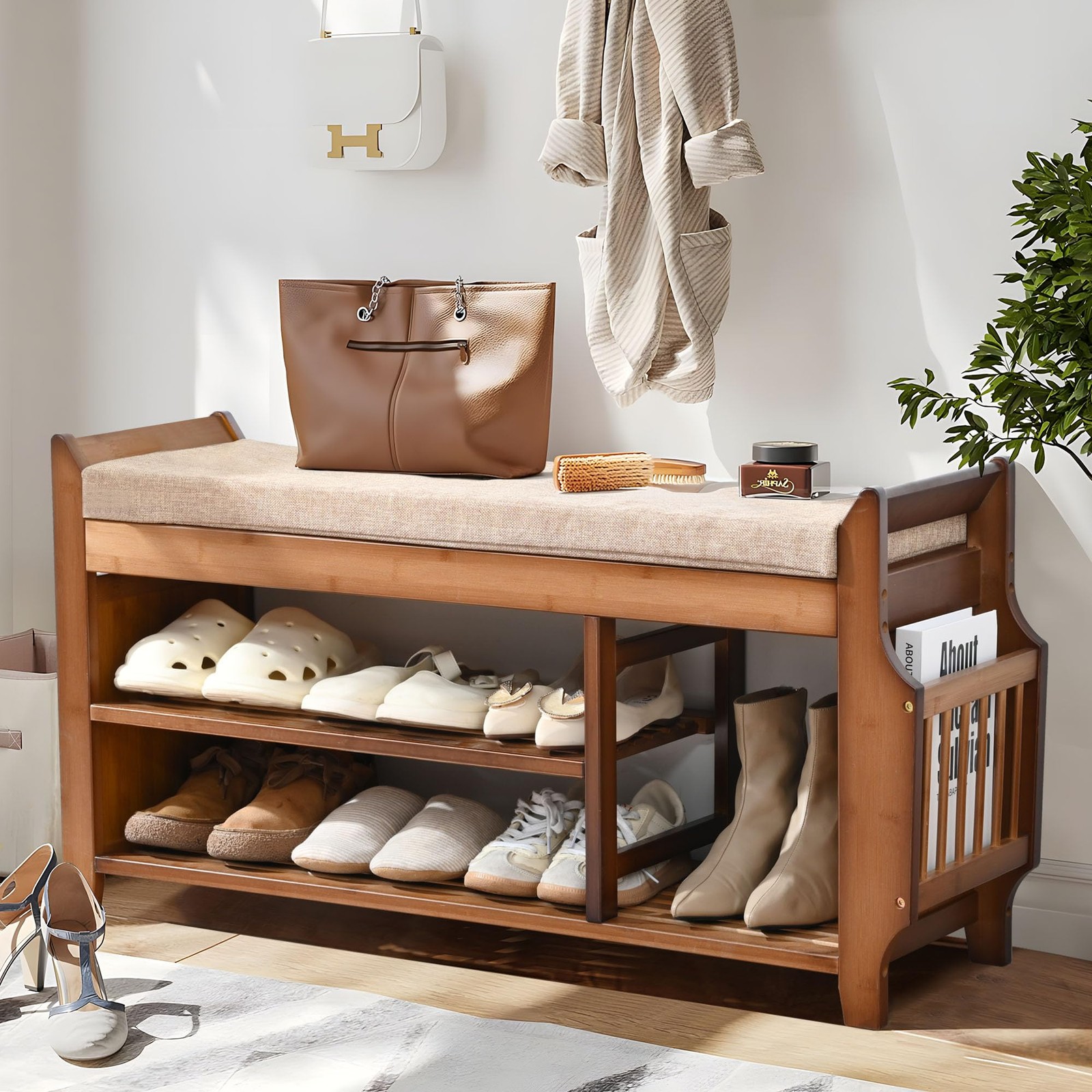 Shoe Bench with Hidden Storage Drawer and 2-Tier Shelves for Entryway Organization