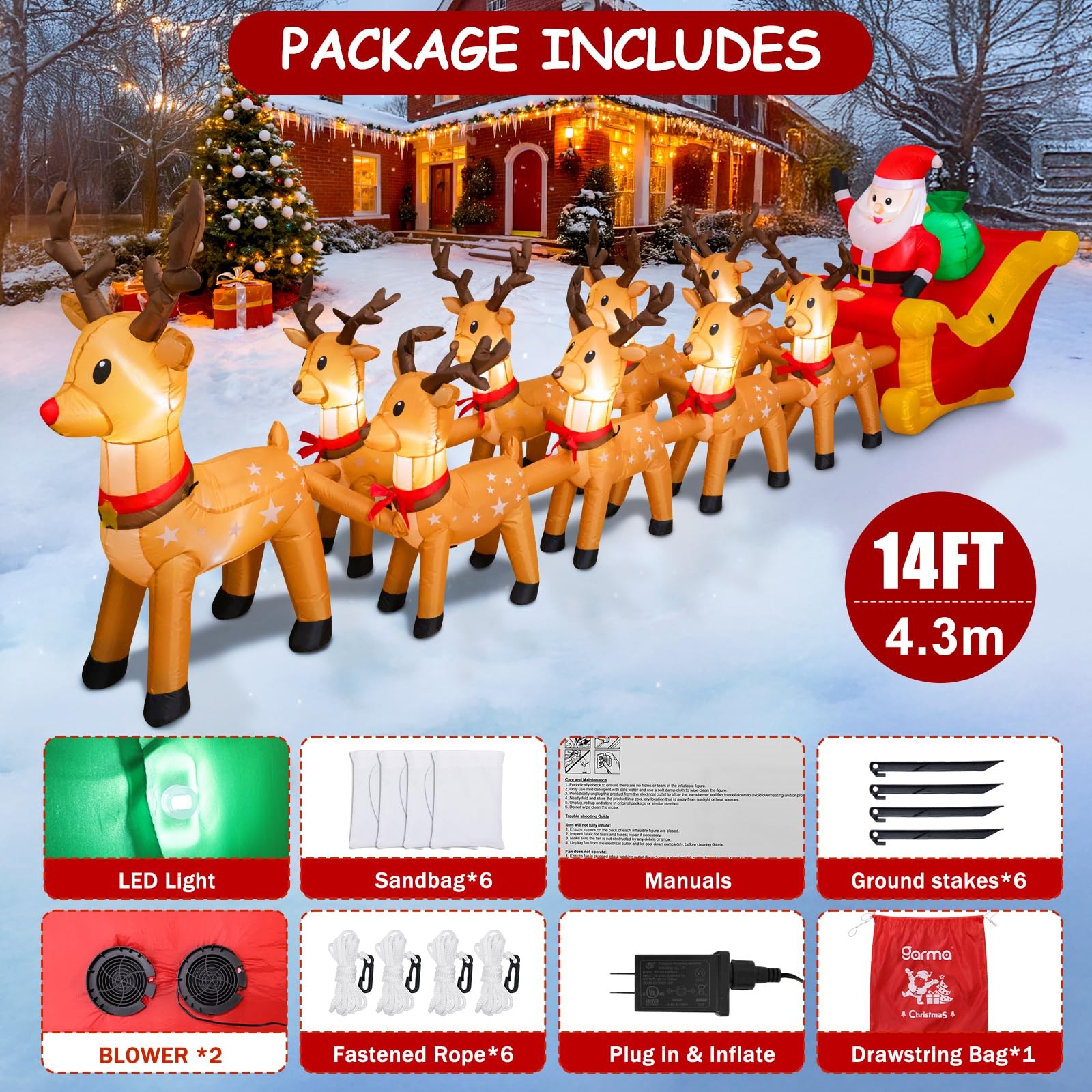 14 FT Christmas Inflatables Outdoor Decorations, Santa Claus Sleigh and 9 Rei...