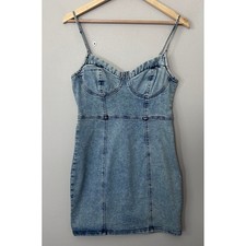 GUESS Denim Mini Dress Womens M Acid Wash Bodycon Y2K Sweetheart Spaghetti Strap