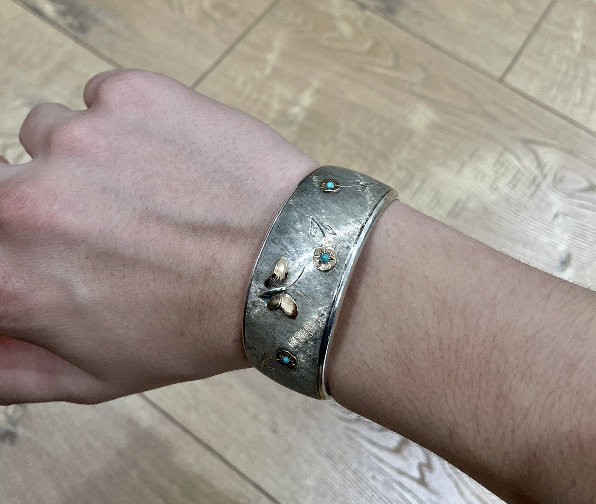 Cuff Bracelet Sterling Silver Solid 18K Gold Flow… - image 2