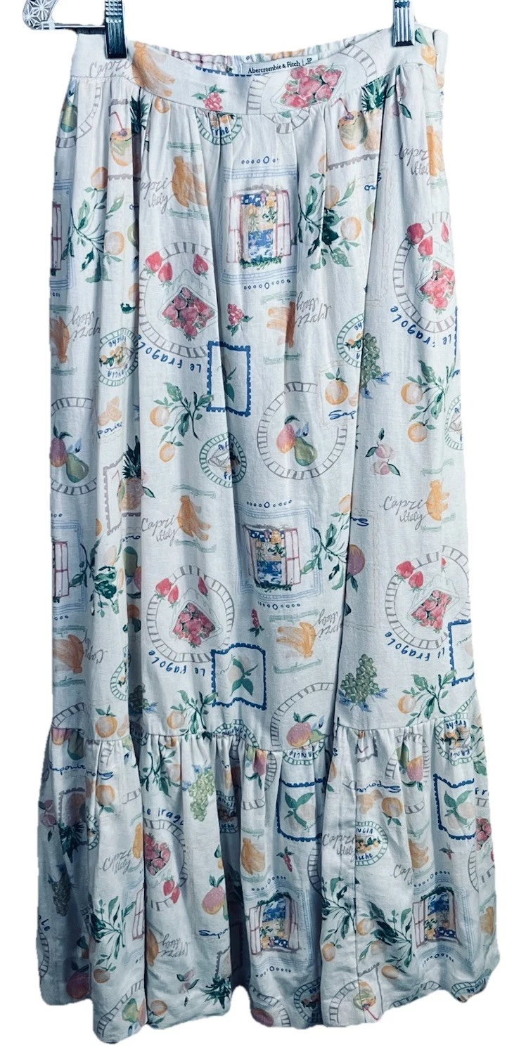 NEW Abercrombie & Fitch (SP) Italy Print Linen Blend Maxi Skirt Fruit Lined