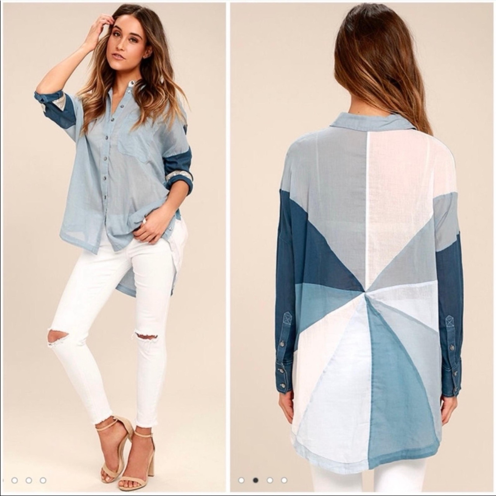 Free People Rainbow Rays Patchwork Blue Button Up… - image 1