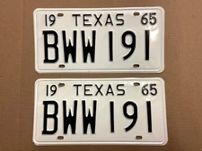 VINTAGE 1965 TEXAS LICENSE PLATE SET HIGH QUALITY ORIGINALS BWW 191