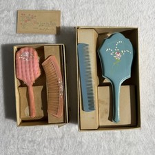 Vtg 30s BABY VANITY SET BRUSH COMB HANDPAINTED Blue Pink Floral Soft Art Deco