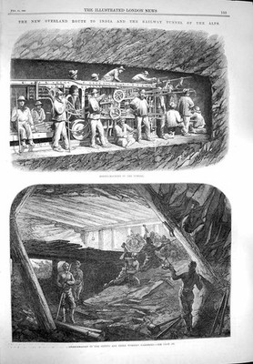 Original alter antiker Druck 1869 Eisenbahn Tunnel Alpen Bohrmaschine funktionstüchtig 19.