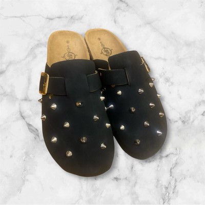 Custom Designed Black Silver Studded Clog Mules with Gold Buckle 8.5 