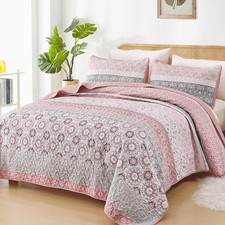 Boho Quilt Set Queen, Bohemian Pink Striped Patchwork Bedspread Coverlet Set ...