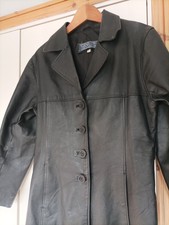 Ladies Vtg T.a.l.c Long Black Leather Boxy Jacket Size 10 12 S/m