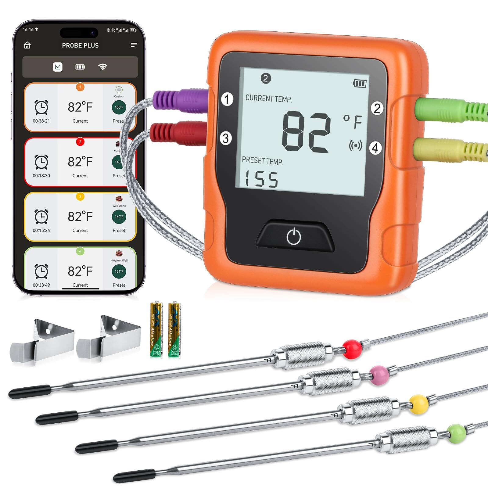 500ft Wireless Meat Thermometer, 4 Probes Bluetooth Meat Thermometer Digital ...