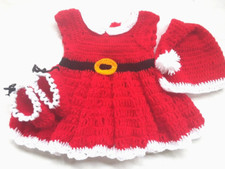 Christmas Sweater Dress Baby Girls Knitted Crochet Santa Hat Booties Red Outfits