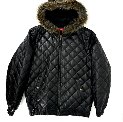 Supreme Diamond QUILTED LEATHER Hooded Jacket Large Fur Trim Black 