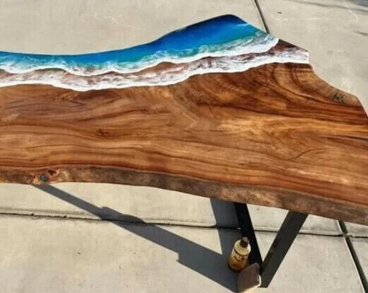 Natural Live Edge Epoxy Table Top with Iron Stand Resin River Kitchen Countertop - Image 4 of 4